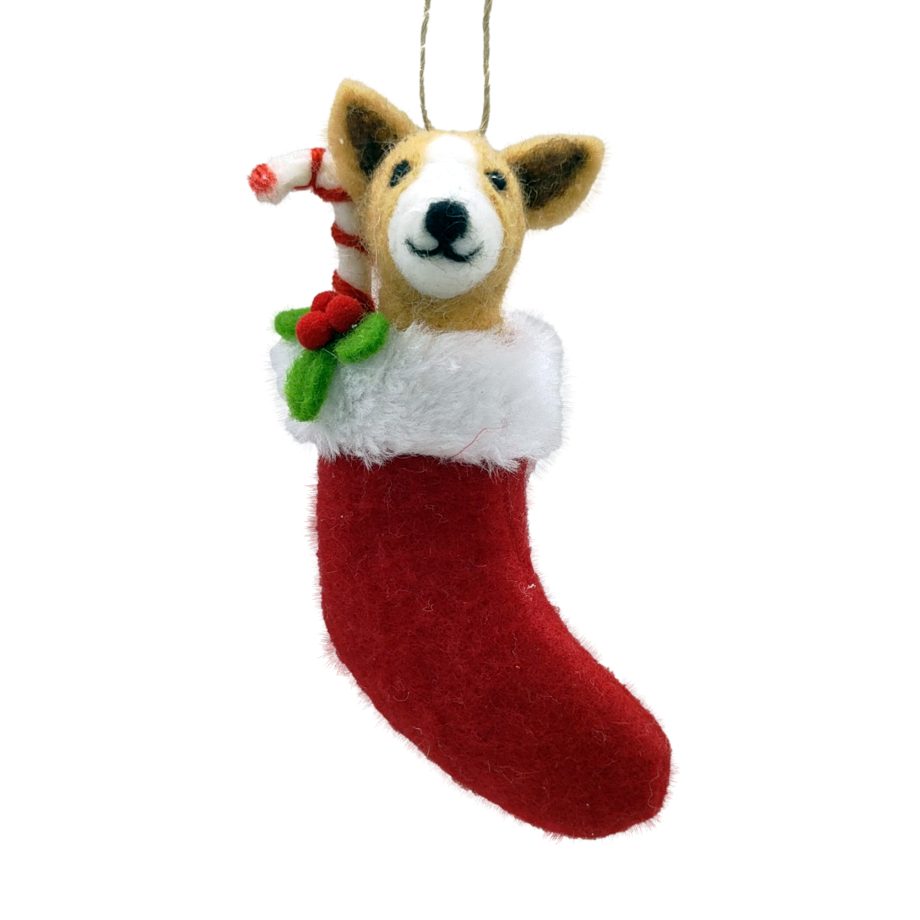 ORN WOOL DOG RED/BROWN 5" IN A STOCKING W/ A C&Y CANE