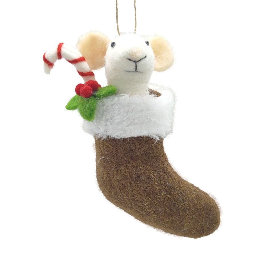 ORN WOOL MOUSE WHITE/BROWN 5" IN A STOCKING W/ A C&Y CANE