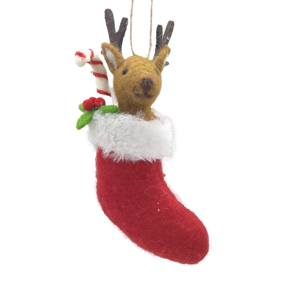 ORN WOOL REINDEER RED/BROWN 6" IN A STOCKING W/ A C&Y CANE