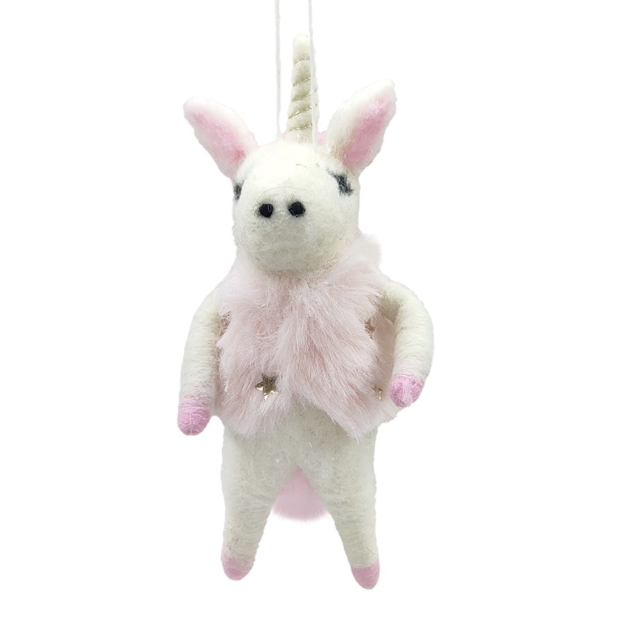 ORN WOOL UNICORN PINK/WHITE 6" W/ A FUZZY VEST