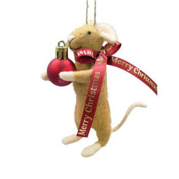 ORN WOOL MOUSE BROWN 5" HOLDING A BAUBLE W/ "MERRY CHRISTMAS" RIBBON