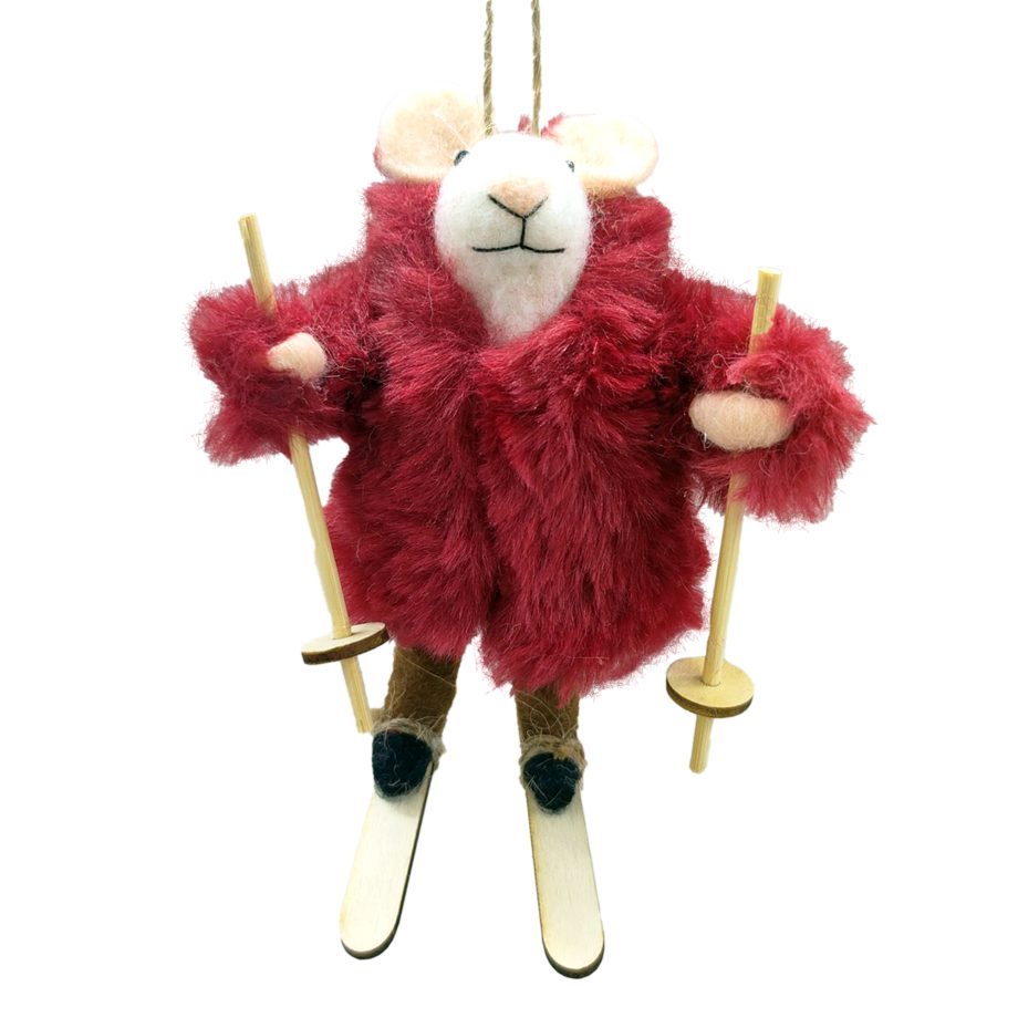 ORN WOOL MOUSE RED/WHITE 5" SKIING WEARING A FUR SWEATER