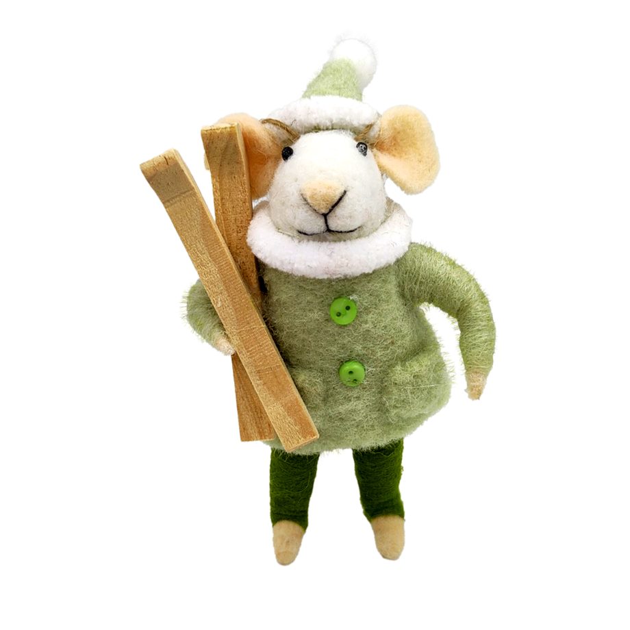 ORN WOOL MOUSE LIGHT GREEN 5" WEARING A JACKET & CARRYING SKIS