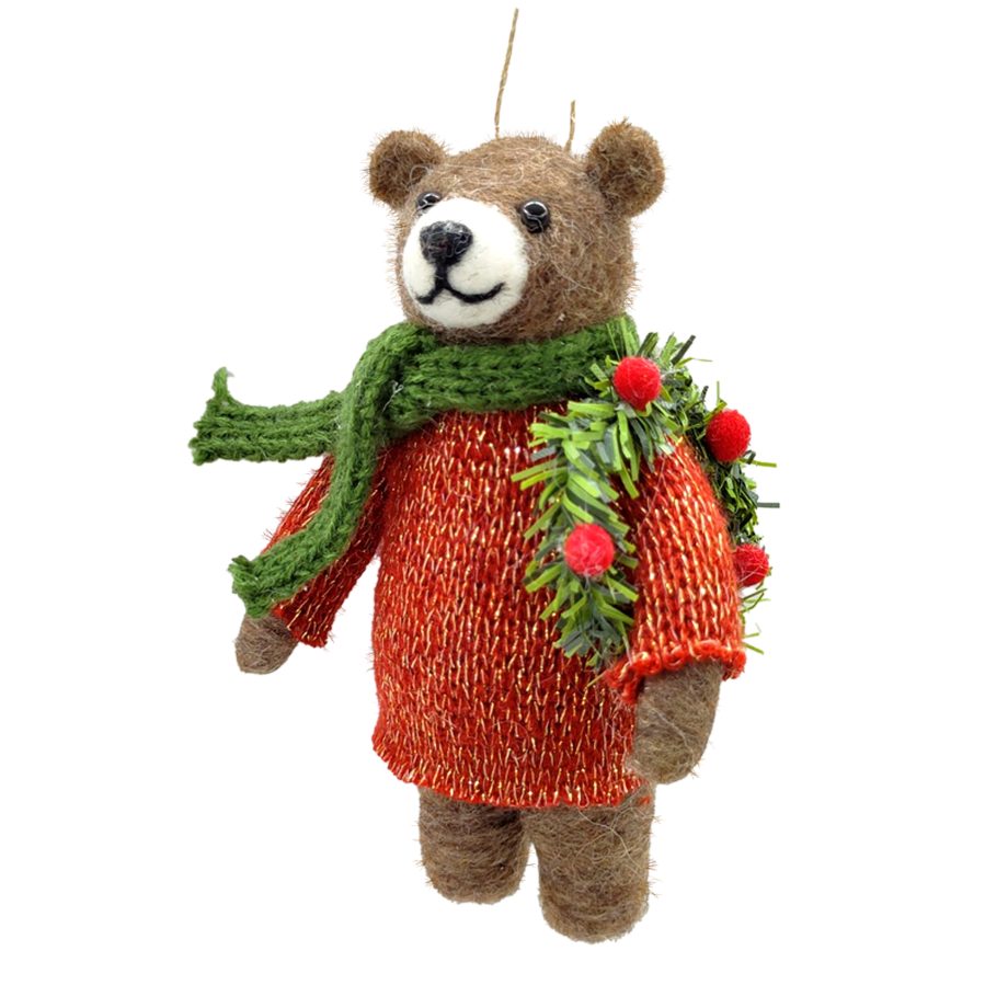 ORN WOOL BEAR BROWN 5" WEARING AN ORANGE SWEATER, GREEN SCARF, & WREATH