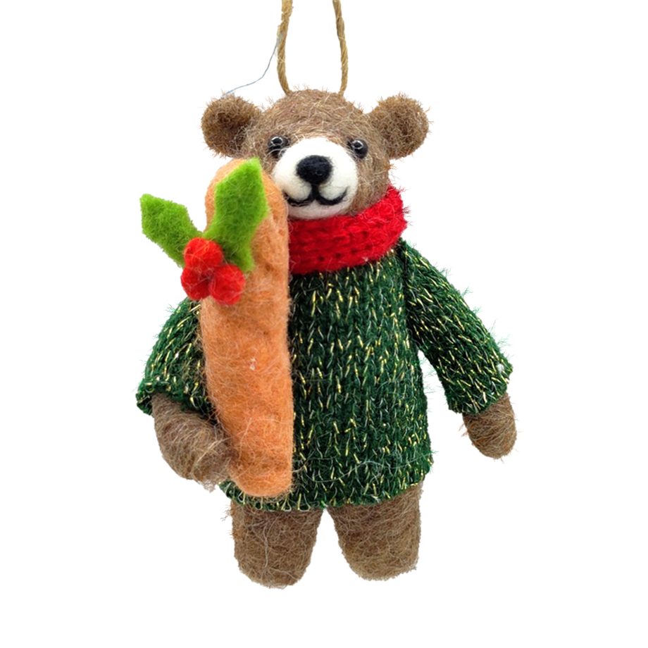 ORN WOOL BEAR BROWN 4" WEARING A GREEN SWEATER & A RED SCARF