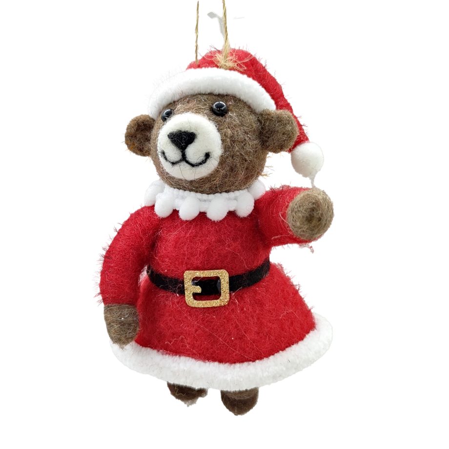 ORN WOOL BEAR RED/BROWN 5" GIRL DRESSED IN A SANTA COSTUME