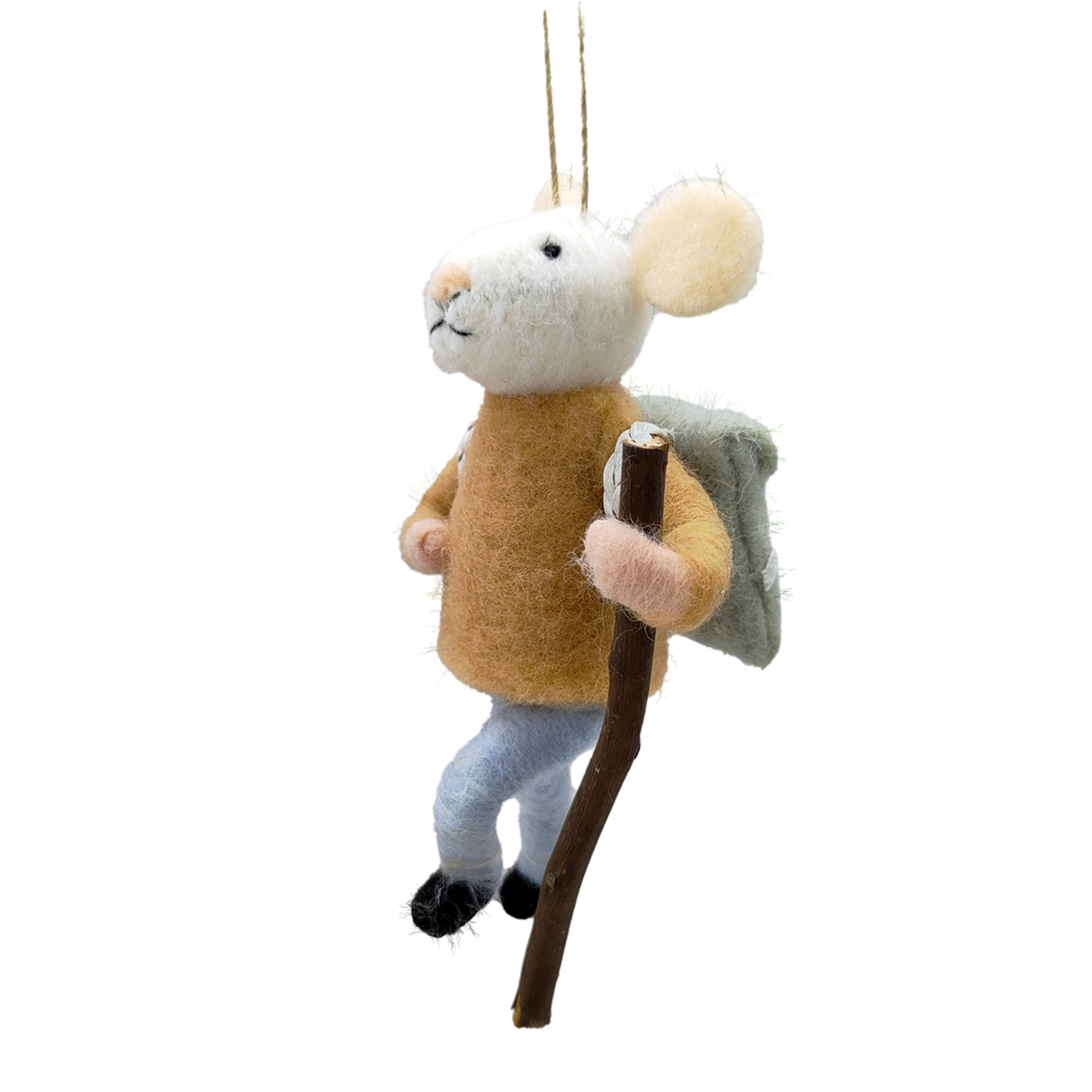 ORN WOOL MOUSE BROWN 55" HIKER CARRYING A BACKPACK & WOODEN POLE