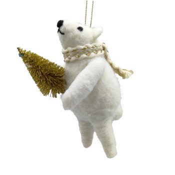 ORN WOOL BEAR WHITE 5" W/ A SCARF CARRYING A TREE