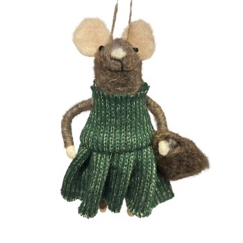 ORN WOOL MOUSE 5" GRAY IN GREEN SWEATER-DRESS W/ SPARKLES HOLDING A BAG