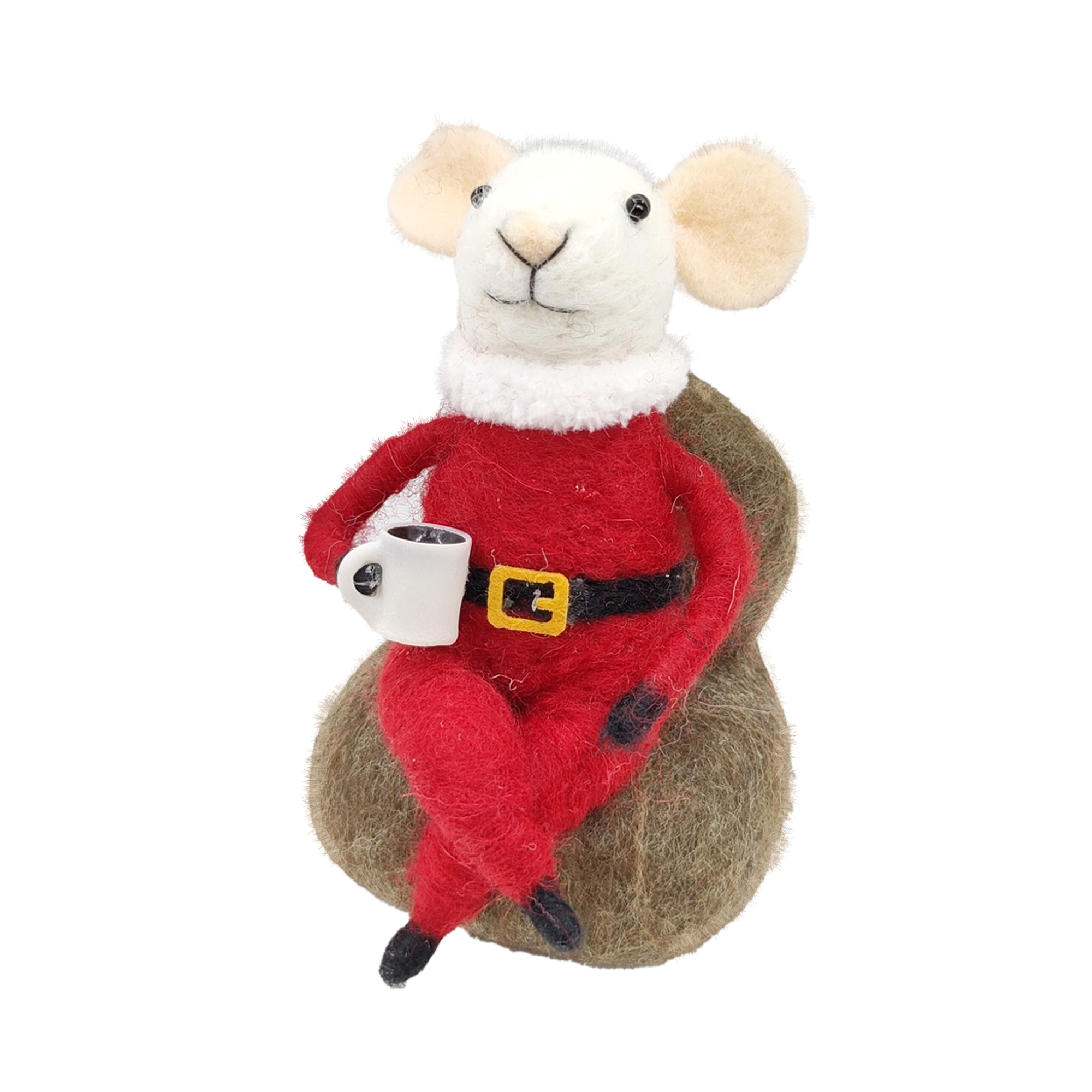 ORN WOOL MOUSE RED/GREY 4" HAVING COFFEE ON A SOFA
