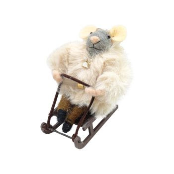 ORN WOOL MOUSE PINK/WHITE 4" ON A SLED WEARING A FUR COAT