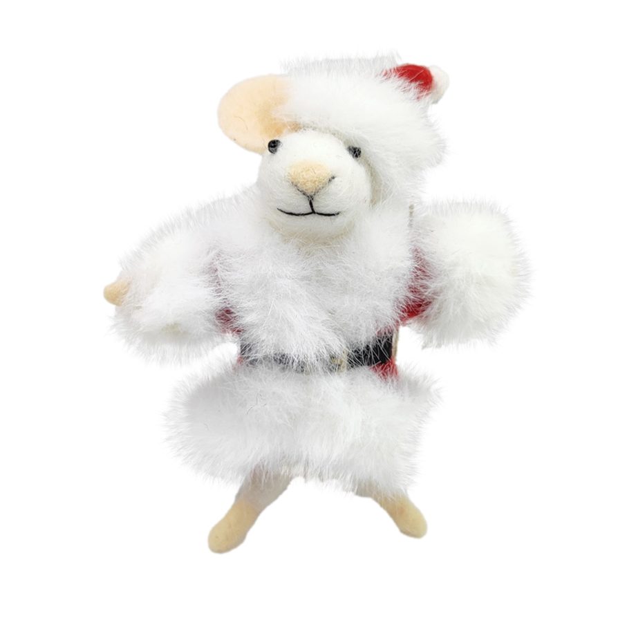 ORN WOOL MOUSE RED/WHITE 5" WEARING A FUZZY SANTA COSTUME