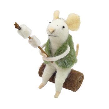 ORN WOOL MOUSE GREEN/WHITE 4" SITS ON A LOG HOLDING MARSHMALLOW S'MORES
