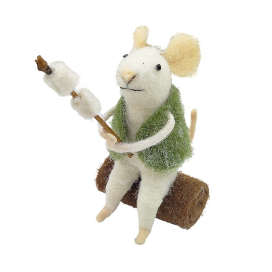 ORN WOOL MOUSE GREEN/WHITE 4" SITS ON A LOG HOLDING MARSHMALLOW S'MORES