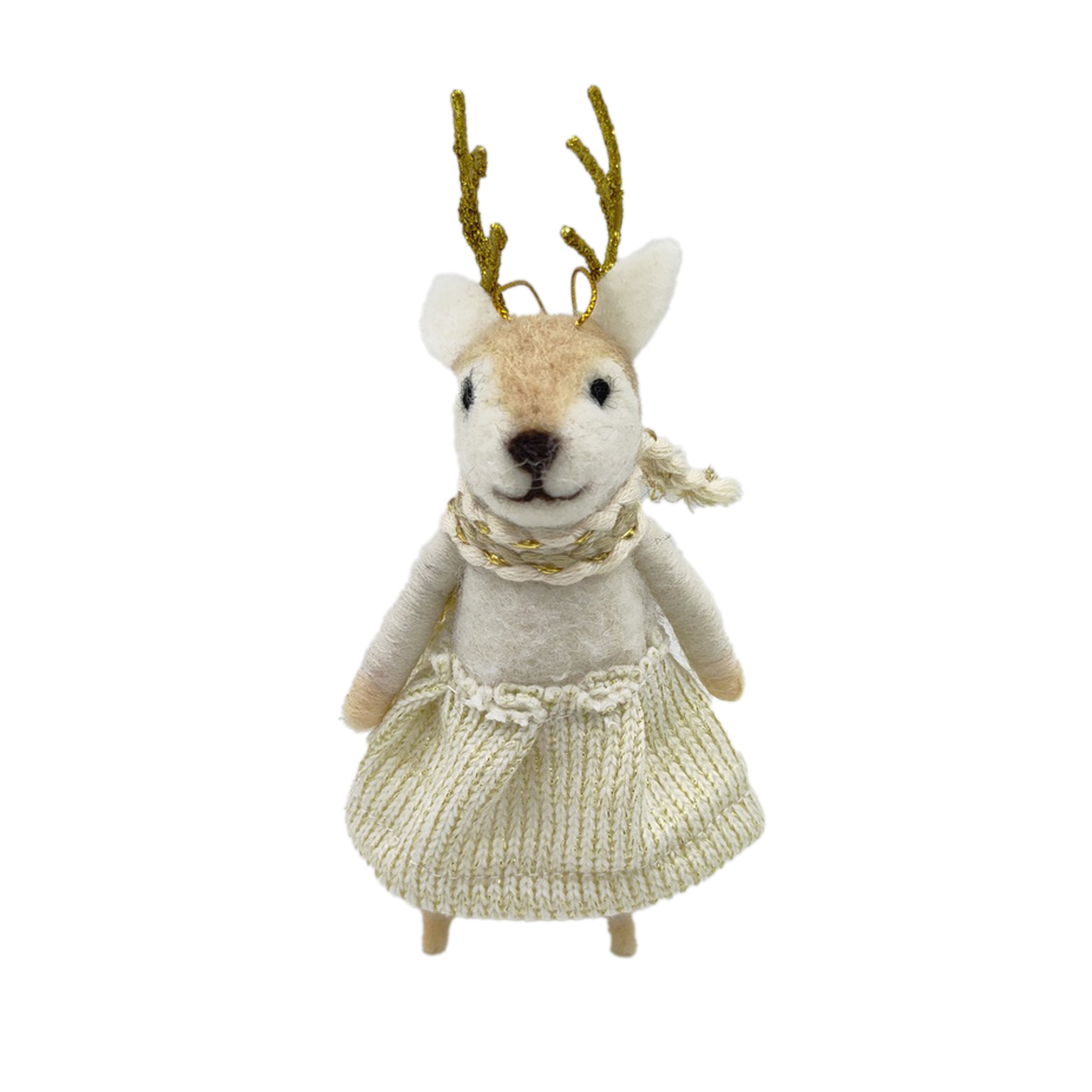 ORN WOOL REINDEER WHITE 6" WEARING A KNITTED SKIRT & SCARF