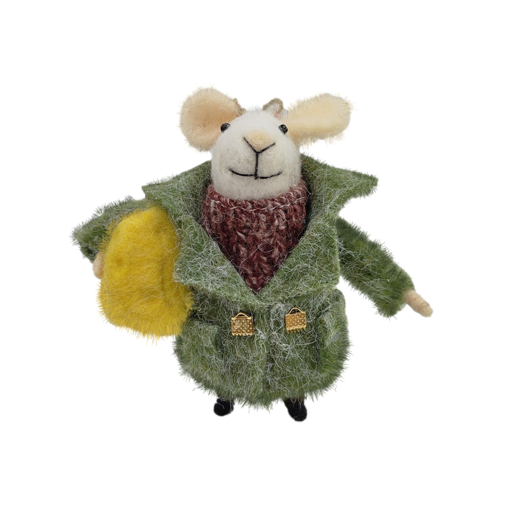 ORN WOOL MOUSE GREEN 4" DRESSED IN A FUR COAT CARRYING CHEESE