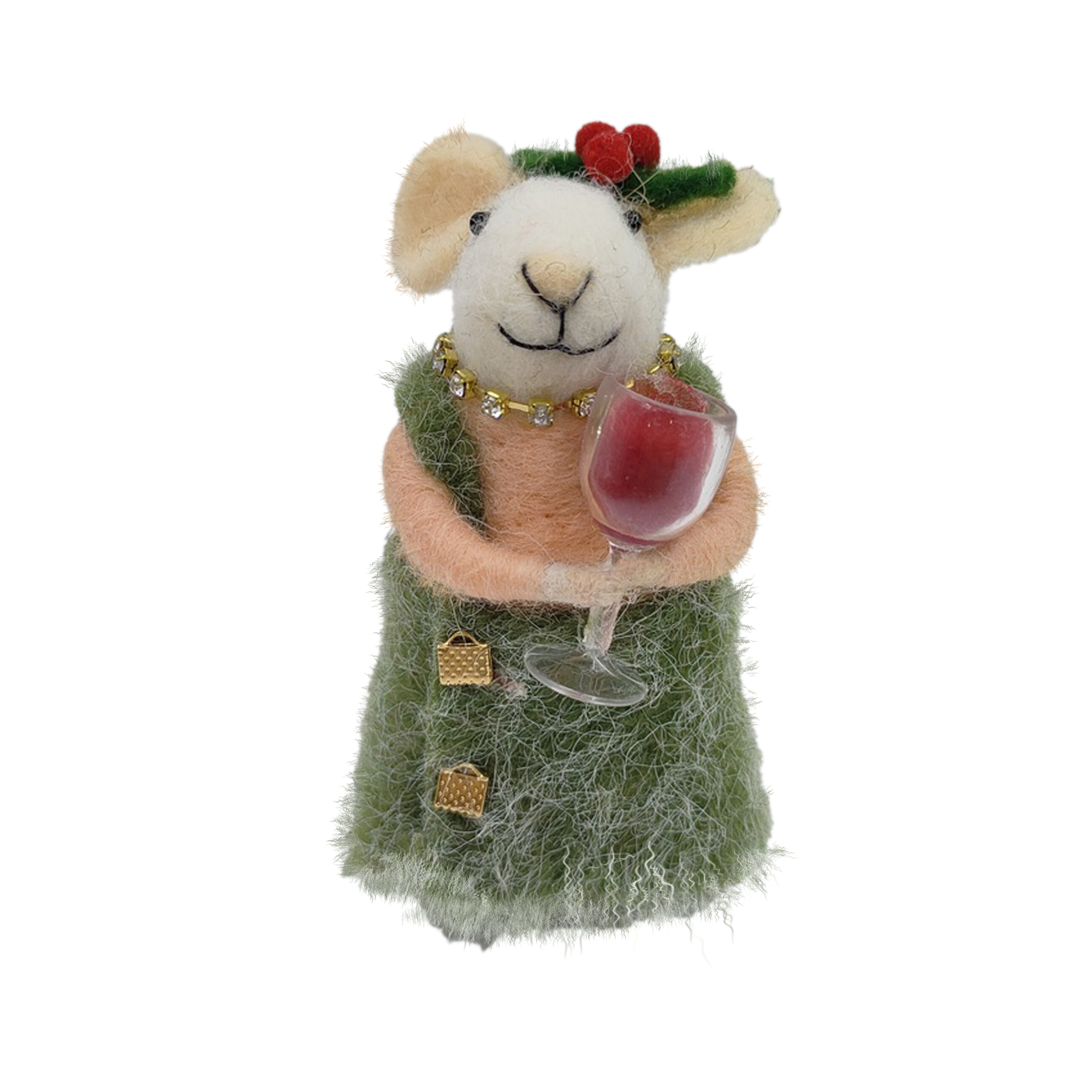 ORN WOOL MOUSE PINK/GREEN 4" IN A FUR DRESS HOLDING A WINE GLASS