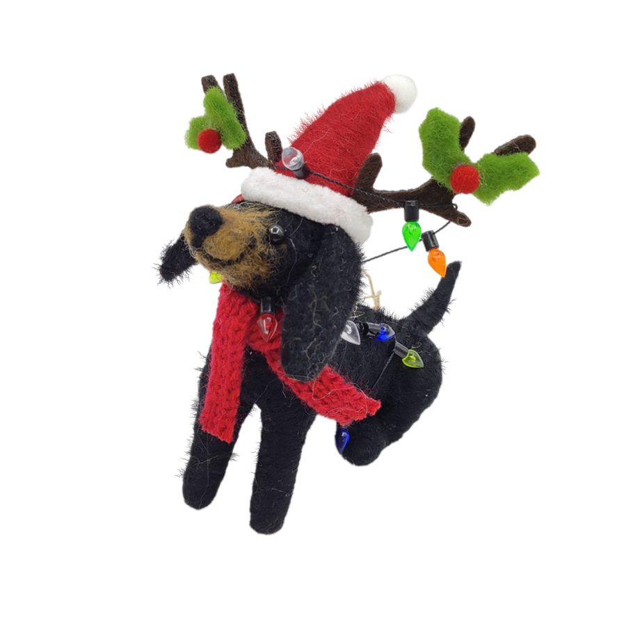 ORN WOOL DOG BLACK 4" W/ A SANTA HAT & STRING LIGHTS