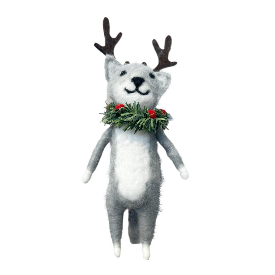 ORN WOOL CAT GREY 7" W/ ANTLERS & A COLLAR WREATH