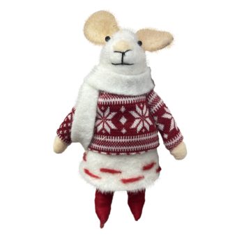 ORN WOOL MOUSE RED 5" WEARING A SWEATER W/ SCANDINIVIAN PRINTS