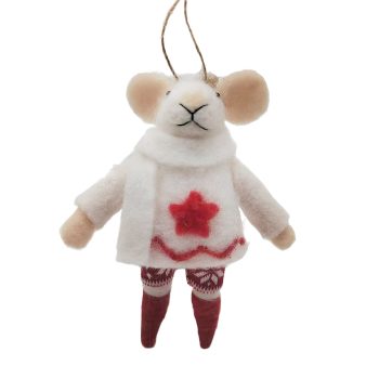 ORN WOOL MOUSE RED 5" WEARING PANTS W/ SCANDINAVIAN PRINTS