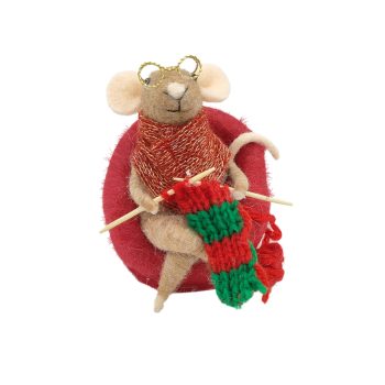 ORN WOOL MOUSE 4" BEIGE KNITTING W/ RED/GOLD SCARF & GOLD WIRE-RIMMED GLASSES