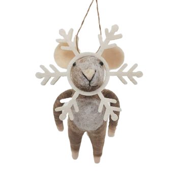 ORN WOOL MOUSE BROWN 5" W/ A SNOWFLAKE COSTUME