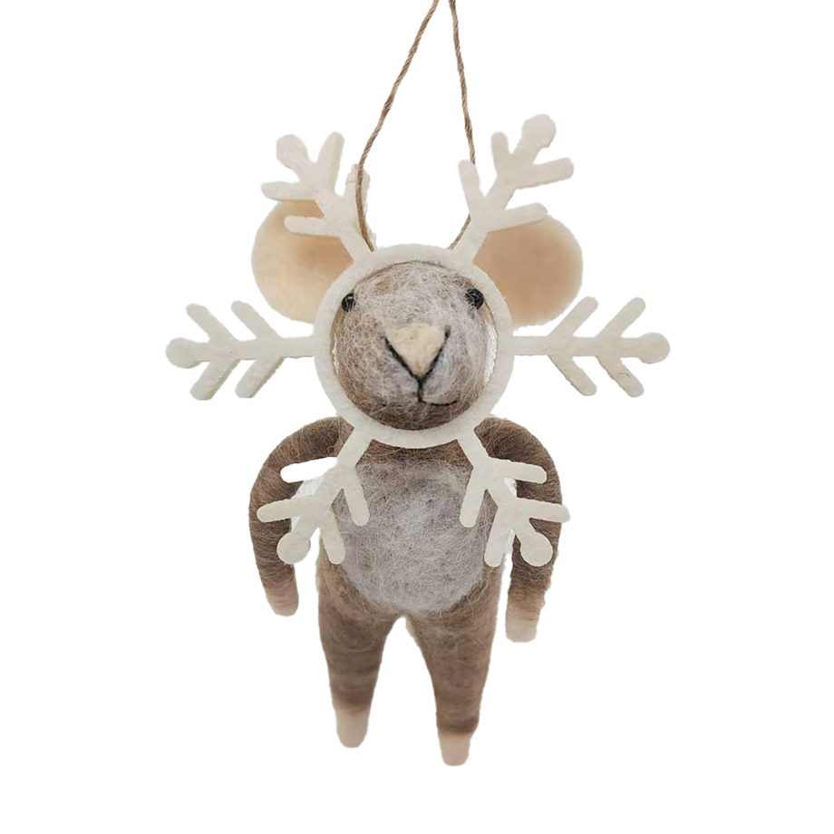 ORN WOOL MOUSE BROWN 5" W/ A SNOWFLAKE COSTUME