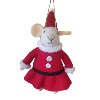 ORN WOOL MOUSE RED 5" DRESSED IN A SANTA COSTUME