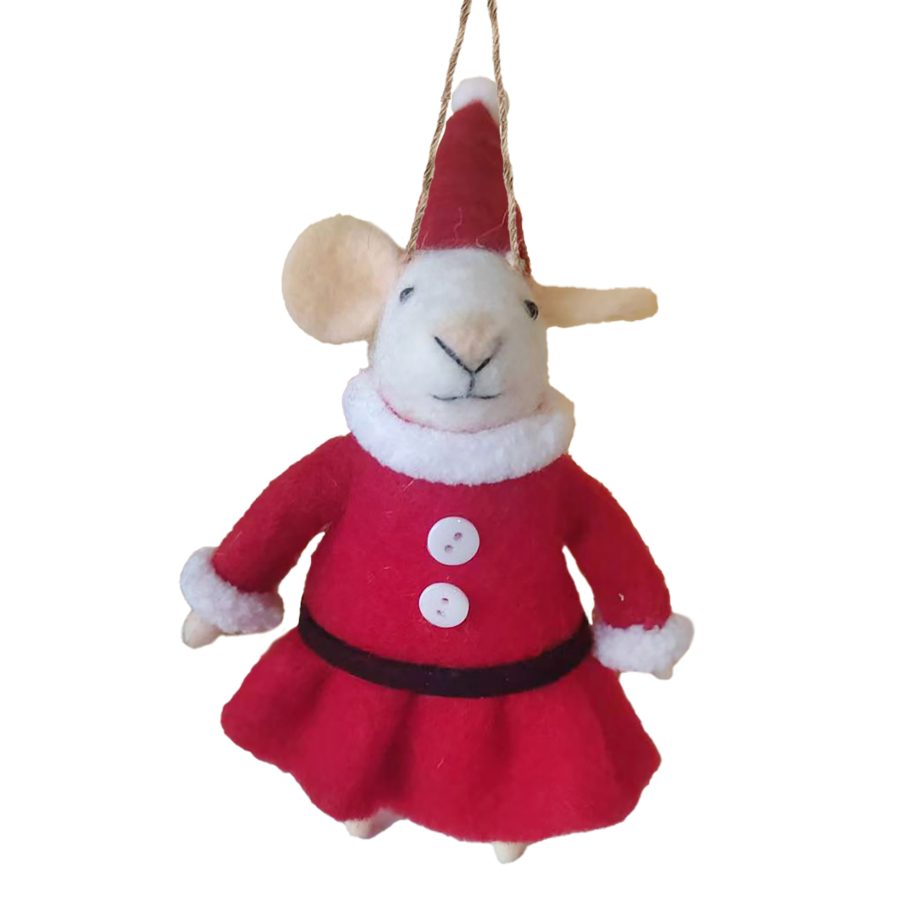 ORN WOOL MOUSE RED 5" DRESSED IN A SANTA COSTUME