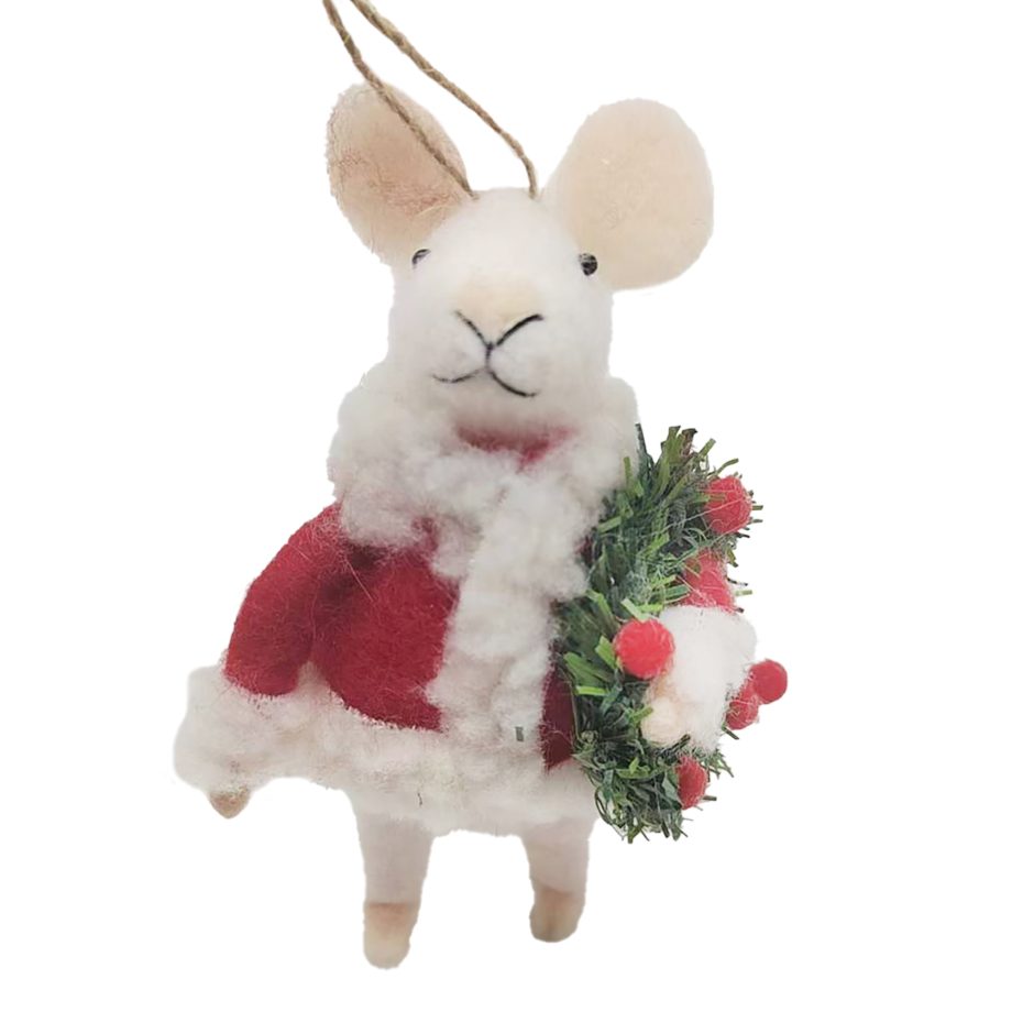 ORN WOOL MOUSE RED 5" WEARING A FUR SWEATER HOLDING A WREATH