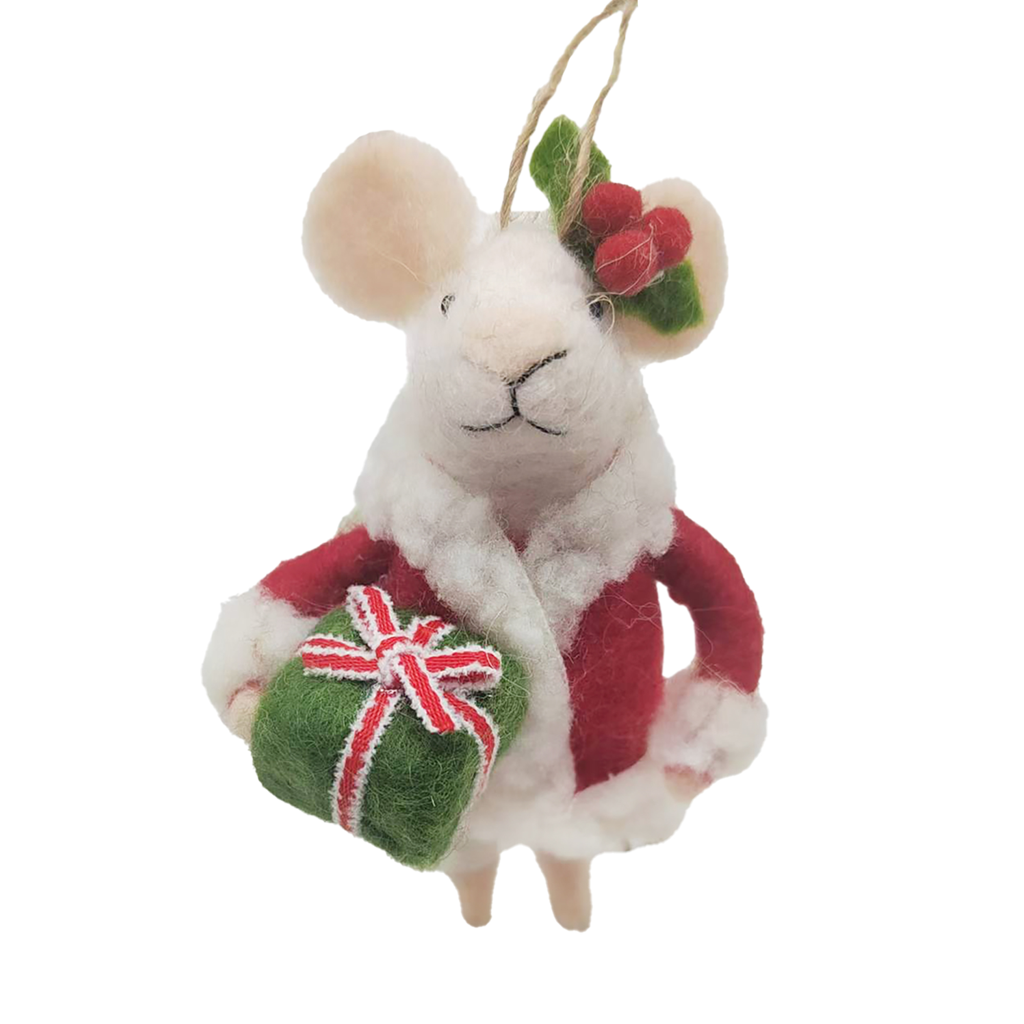 ORN WOOL MOUSE RED 5" WEARING A FUR SWEATER HOLDING A GIFT