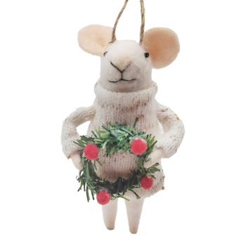ORN WOOL MOUSE WHITE 5" WEARING A KNITTED SWEATER HOLDING A WREATH