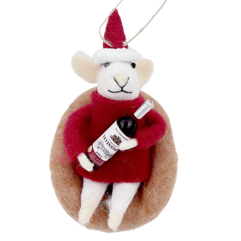 ORN WOOL MOUSE RED/WHITE 4" SITTING ON A SOFA HOLDING A WINE BOTTLE