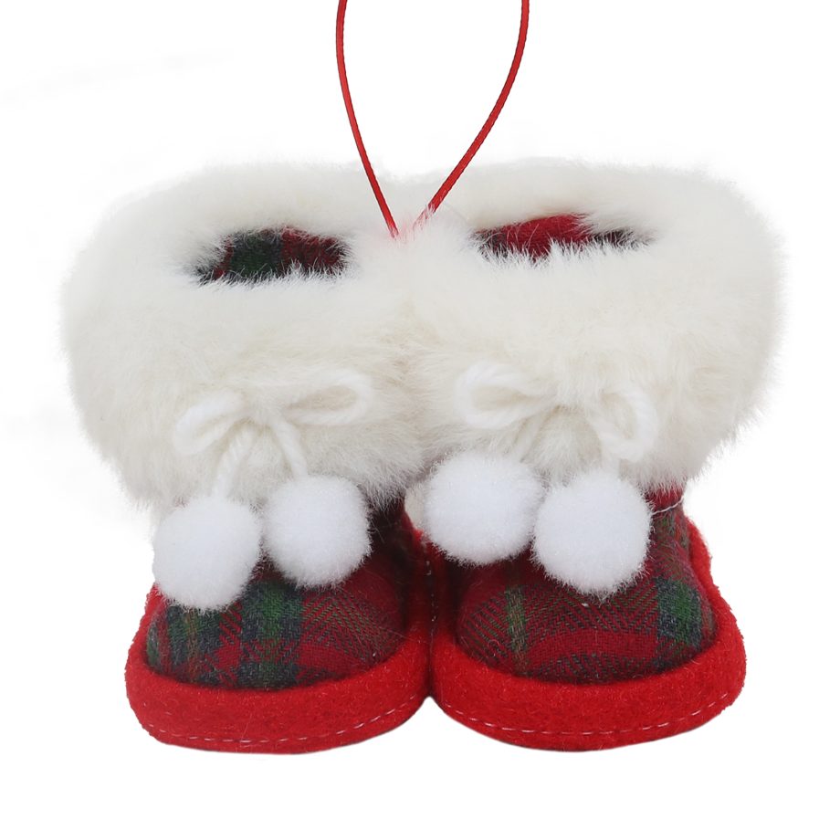 ORN FABRIC BOOTS 3" RED PLAID W/FAUX FUR TRIM