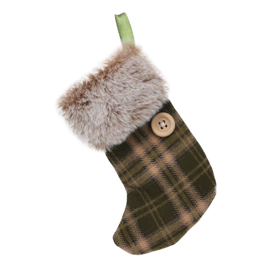 ORN FABRIC STOCKING 4" GREEN/BEIGE PLAID W/FAUX FUR TRIM & BUTTON
