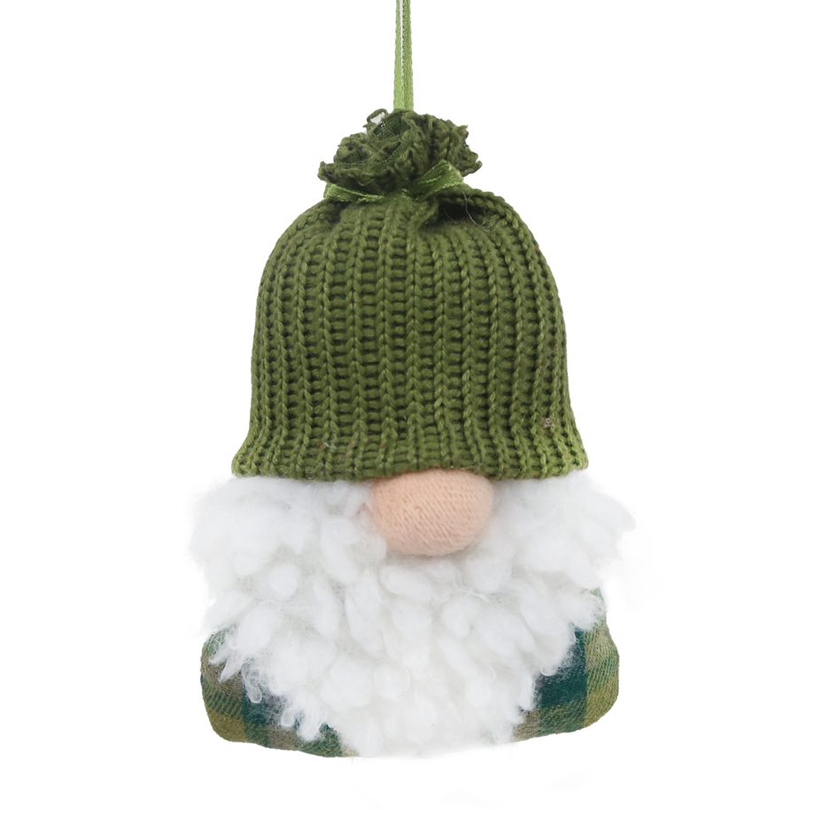 ORN FABRIC SANTA 4" GREEN KNITTED HAT W/WOOL BEARD