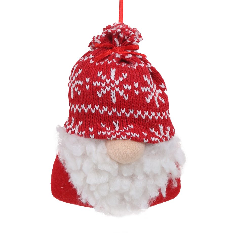ORN FABRIC SANTA 4" RED KNITTED HAT W/SNOWFLAKE & WOOL BEARD