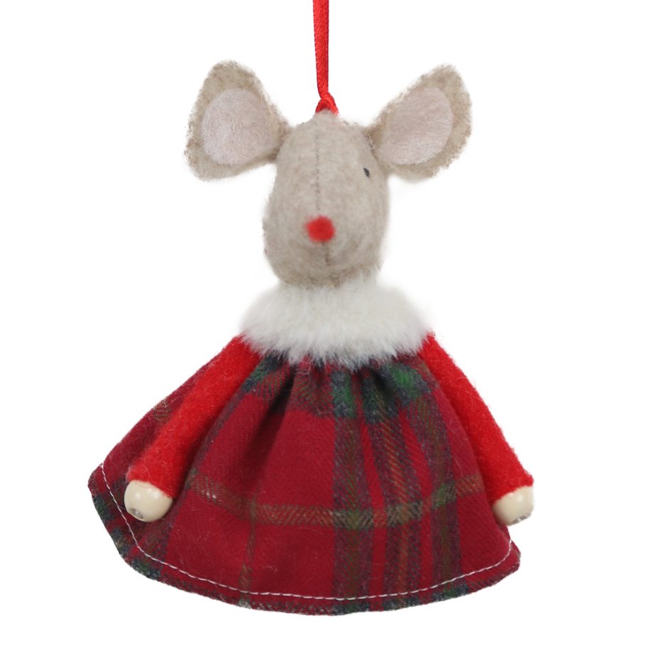 ORN FABRIC MOUSE 4" IN RED PLAID DRESS W/FUR SCARF