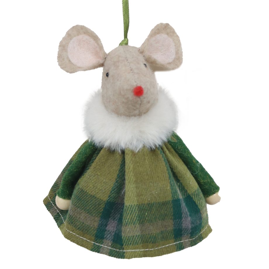 ORN FABRIC MOUSE 4" IN GREEN PLAID DRESS W/FUR SCARF