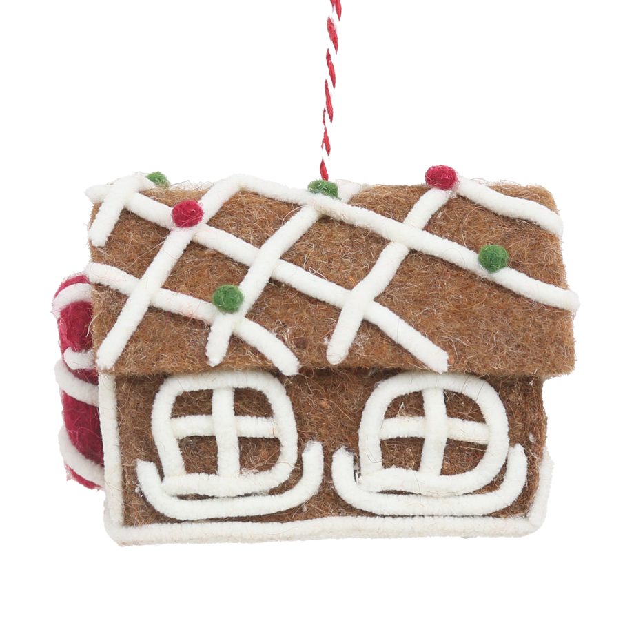 ORN GINGERBREAD HOUSE 4" BROWN/WHITE FELT W/GRID-LIKE ROOFTOP
