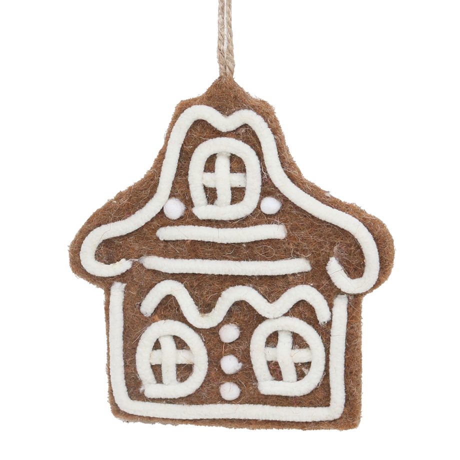 ORN GINGERBREAD HOUSE 4" BROWN/WHITE FELT W/ARCHED ROOFTOP