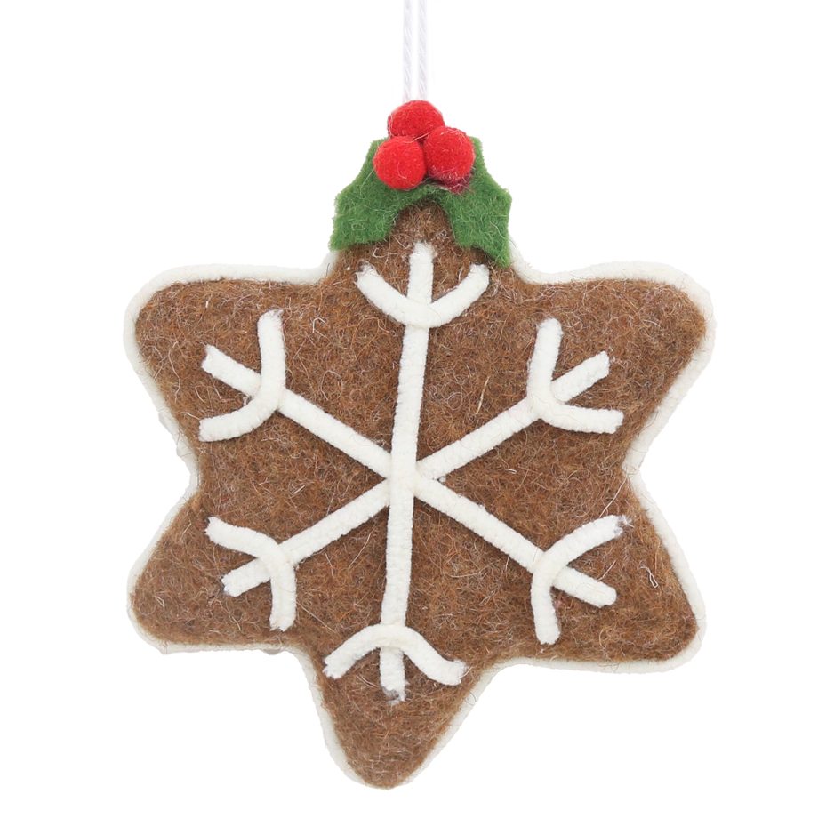 ORN GINGERBREAD SNOWFLAKE 4" BROWN/WHITE FELT W/HOLLY LEAF & BERRY