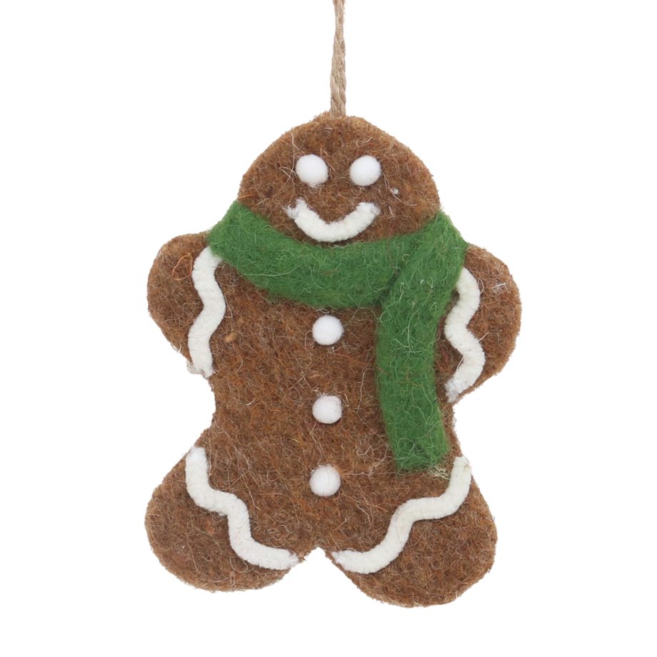 ORN GINGERBREAD BOY 3" BROWN/WHITE FELT W/GREEN SCARF