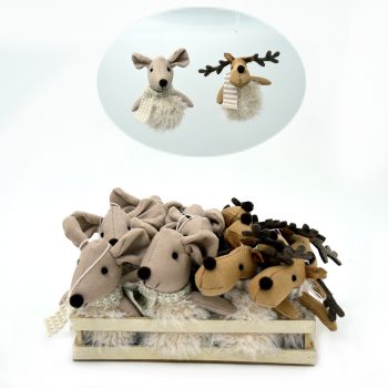 ORN PLUSH MOUSE & REINDEER BROWN/CREAM 6" W/ FAUX-FUR BODY & KNITTED SCARF 2 STYLES