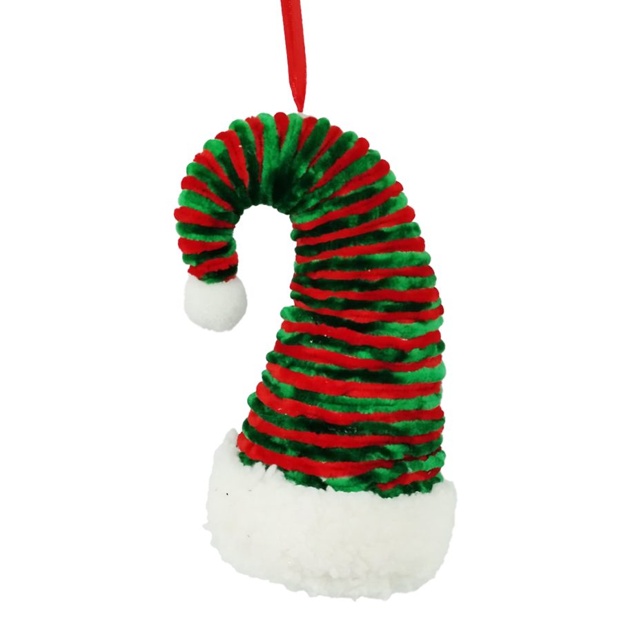 ELF HAT HANGING FUR FABRIC RED/GREEN 21" RIBBED