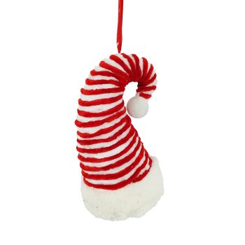 ELF HAT CANDY CANE HANGING FUR FABRIC RED/WHITE 21" RIBBED