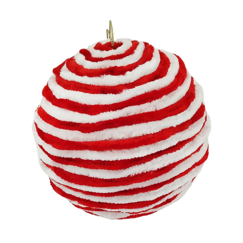 BALL FABRIC FURRY ROPE 4" CANDY CANE RED/ WHITE RIBBED