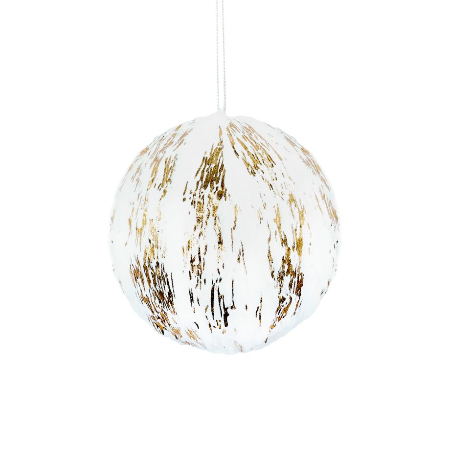 BALL FABRIC FAUX FUR 4.5" WHITE W/ GOLD FOIL