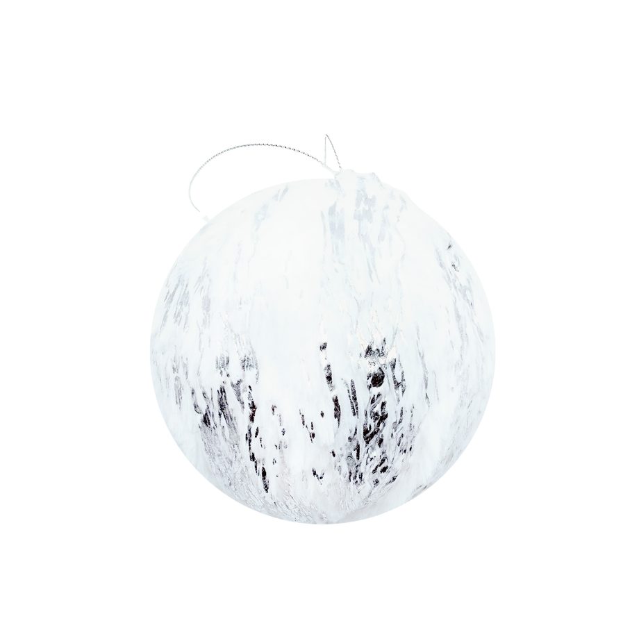 BALL FABRIC FAUX FUR 4.5" WHITE W/ SILVER FOIL